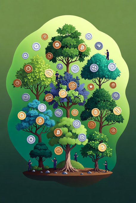 An illustration shows a lush green tree filled with cryptocurrency coins (including Bitcoin) and small figures climbing among its branches, symbolizing a growing ecosystem of diverse blockchain projects. The image visually represents CNPY Network's concept of Sovereign Chains—separate yet interconnected blockchains thriving on a shared foundation, mirroring the post's message about scalable, independently governed networks for tokenized assets.
