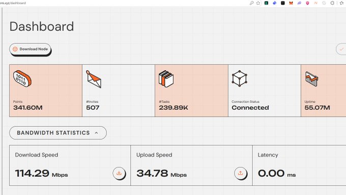 The image shows a Dashboard displaying 341.60M Points, 507 Invites, 239.89K #Tasks, a Connected connection status, and 55.07M Uptime, along with bandwidth statistics showing 114.29 Mbps download, 34.78 Mbps upload, and 0.00 ms latency, likely from a PerceptronNTWK airdrop dashboard. This visual confirms the user's claim of holding 341.60M points on PerceptronNTWK, supporting their post about the lengthy wait for the TGE.