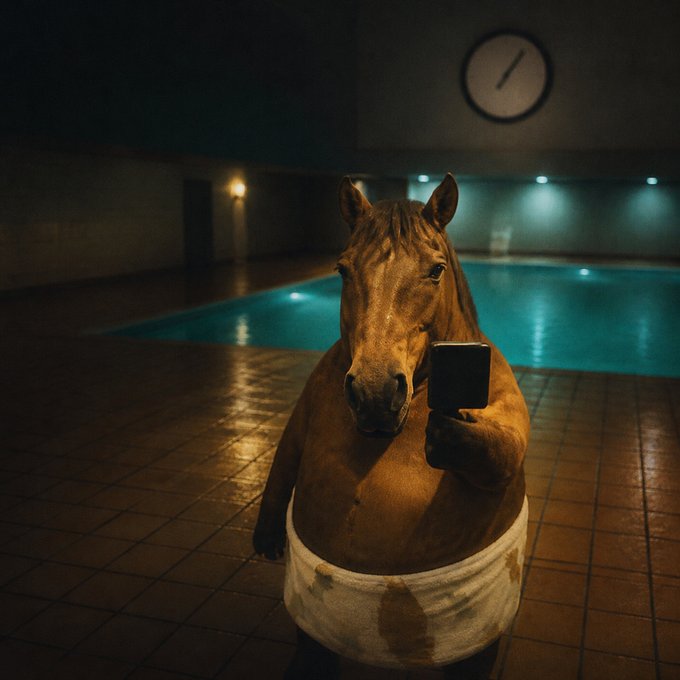 A surreal, humorous photograph of a brown horse wearing a soiled white garment standing by an indoor swimming pool at night, holding a smartphone up as if taking a selfie.