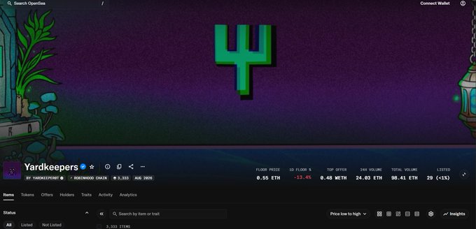 The OpenSea listing for Yardkeepers ($YARD) displays a floor price of 0.55 ETH with 24-hour volume of 24.03 ETH and 90.41 ETH total volume across 3,333 items on the Robinhood Chain, aligning with the post's description of the token's positioning within the Robinhood Chain ecosystem.