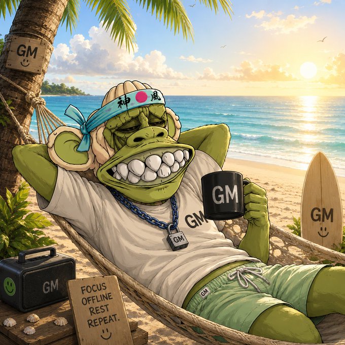 Digital illustration of a green, goblin-like cartoon character relaxing in a hammock on a beach, wearing a 'GM' headband and shirt, holding a 'GM' mug, with a 'FOCUS OFFLINE REST REPEAT' sign nearby.
