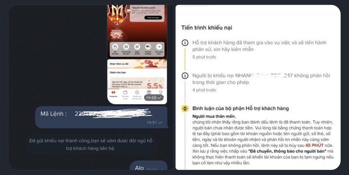 A screenshot of a customer service dispute interface in Vietnamese, showing a transaction order at 19:51 and a complaint timeline.