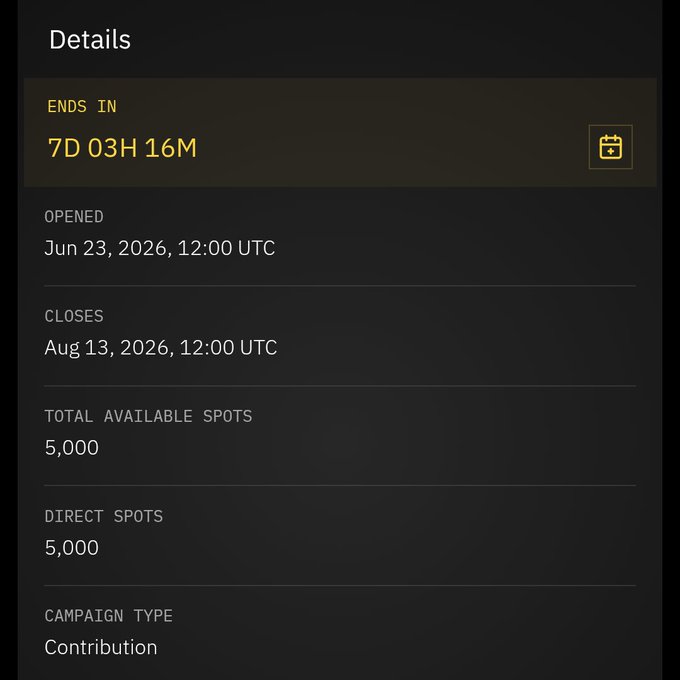 A "Details" panel for a contribution campaign shows it ends in 7D 03H 16M, with 5,000 total available and direct spots, opening Jun 23, 2026 and closing Aug 13, 2026 at 12:00 UTC, aligning with the NucleusCodes $AURA Season 2 campaign details mentioned in the post.
