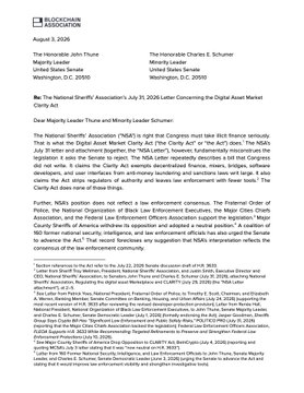 The image shows a formal letter dated August 3, 2026, from the National Sheriffs' Association (Major County Sheriffs' Association) addressed to U.S. Representatives Tom Emmer and Karen Bass, opposing the Digital Asset Market Clarity (CLARITY) Act. The letter outlines sheriffs' concerns about digital asset regulation, citing issues with authority, enforcement, and confusion with the Digital Asset Market Clarity Act of 2025, and threatens legal action against the Digital Asset Market Clarity Act.

This relates to the accompanying post by showcasing the exact sheriff's association letter that the Blockchain Association is pushing back against regarding the CLARITY Act and crypto market-structure legislation.