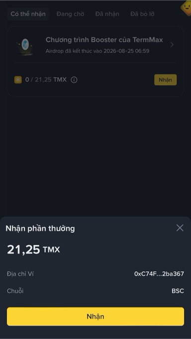 A Vietnamese-language crypto airdrop claim screen for TermMax Booster showing 21.25 TMX tokens ready to claim.