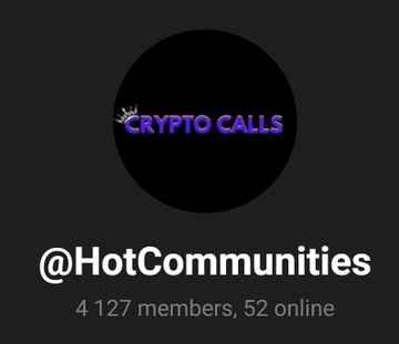 A Discord community called "Crypto Calls" with the handle @HotCommunities, featuring a black logo with purple text and a small crown icon, currently showing 4,127 members and 52 online users, promoted alongside Telegram links for premium crypto calls.