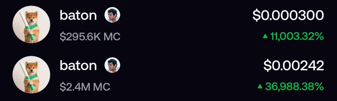 A meme image showing two entries for a token called 'baton' with cat avatars, displaying absurd market caps of $295.6K and $2.4M with percentage gains of 11,003.32% and 36,988.38% respectively.
