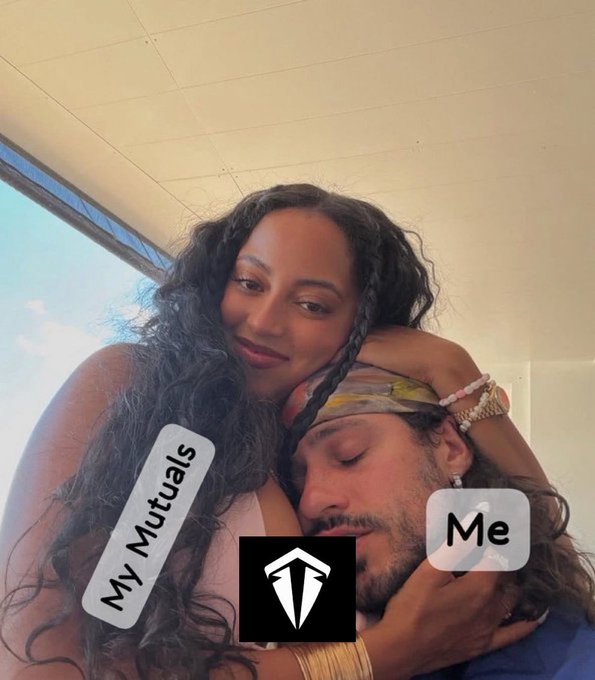 A meme image showing a couple cuddling with labels "My Mutuals" on the woman, "Me" on the man, and a logo in the center, implying the user is ignored while their mutuals interact with each other.