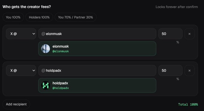 A digital interface titled 'Who gets the creator fees?' showing a split of 50% to @elonmusk and 50% to @holdpadx, totaling 100%.