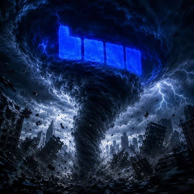 A massive tornado rips through a cityscape, with the "Base" logo illuminated in glowing blue panels at the storm's swirling center, while debris and lightning swirl around the destruction below.

The post's weather/storm metaphor visually reinforces the "weathering another storm" theme, with the Base brand placed dramatically at the eye of the tornado—symbolizing resilience amid chaos.