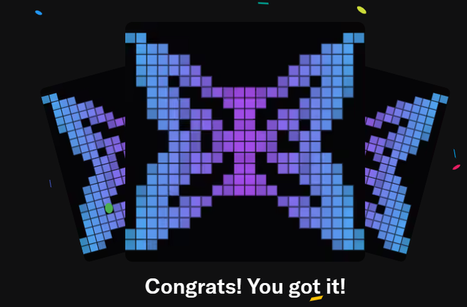 A pixelated, stylized 'X' logo in blue and purple blocks on a black background with confetti, captioned 'Congrats! You got it!'.