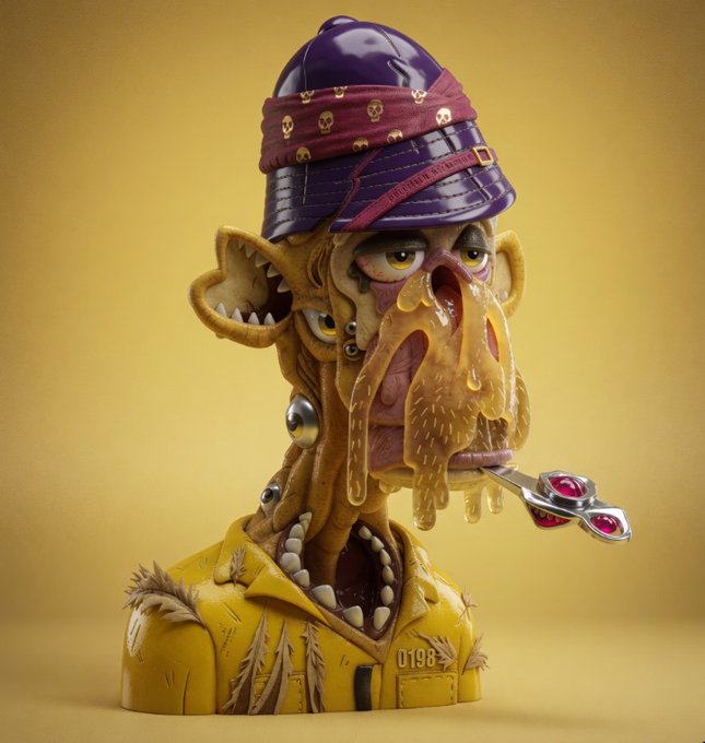 The image features a cartoon monkey wearing a hat, holding scissors in its mouth. The monkey appears to be making a face as if it's unhappy or upset about something. The background of the image is yellow, which contrasts with the monkey's outfit and adds to the overall visual appeal of the scene.