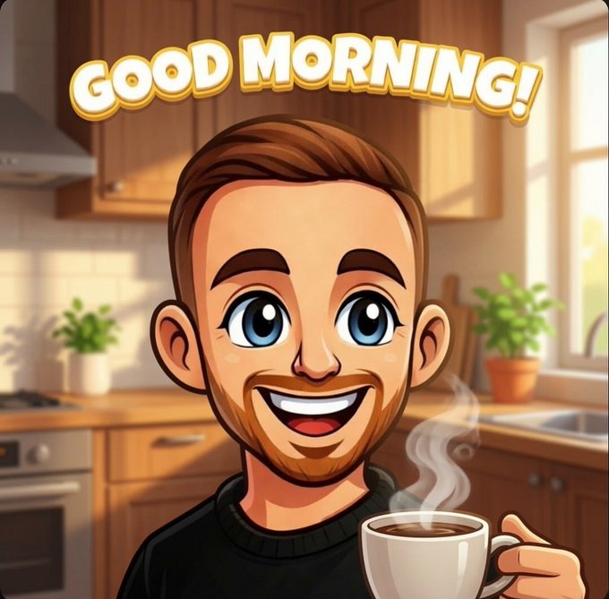 A cartoon-style illustration shows a smiling man with brown hair holding a steaming cup of coffee in a sunlit kitchen, with 'GOOD MORNING!' displayed in large yellow and white text above him.