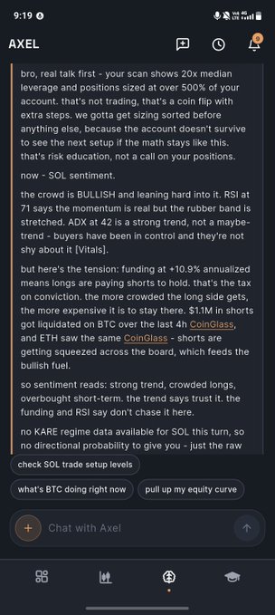 A chat interface with an AI assistant named AXEL providing detailed crypto market analysis discussing leverage, SOL sentiment, ADX, RSI, BTC, and ETH positions.