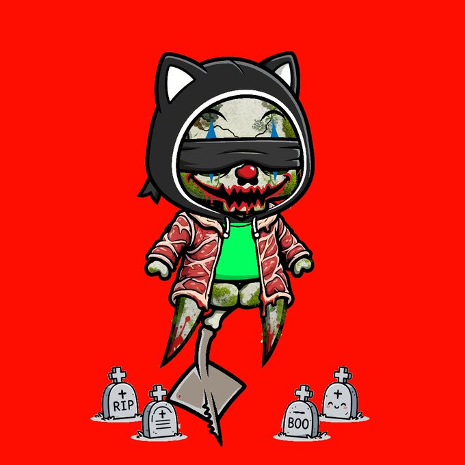 A cartoon zombie cat in a hood with a cloth blindfold and red jacket stands against a red background above gravestones reading "RIP" and "BOO," promoting the "Re-Animated Dead NFT" collection being minted on OpenSea.