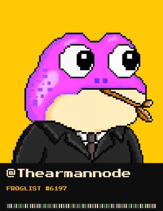 A pixel art NFT profile picture of a character with a large pink frog-like head, big eyes, a cigarette in its mouth, wearing a black suit and tie, displayed on a yellow background with the username '@Thearmannode' and 'FROGLIST #6197'.