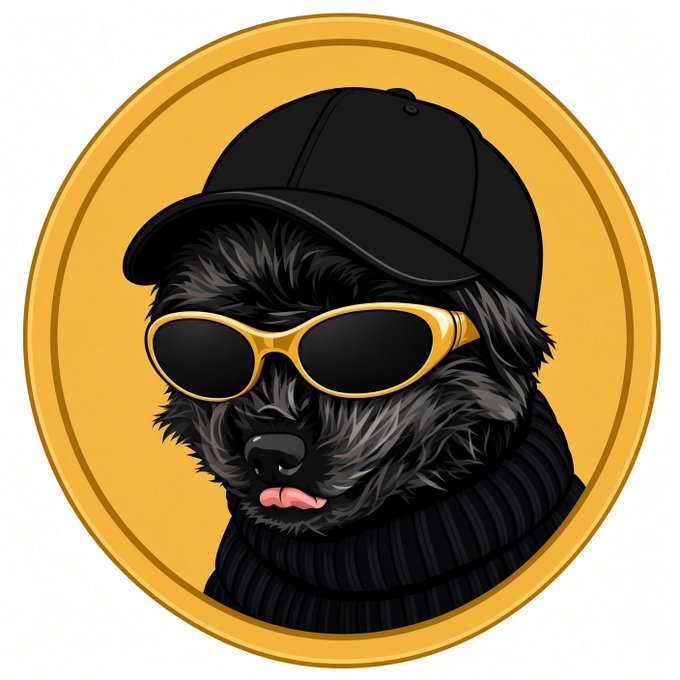 An illustration of a black fluffy dog wearing a black baseball cap, gold-framed sunglasses, and a black turtleneck sweater, displayed on a gold coin-like circular background.