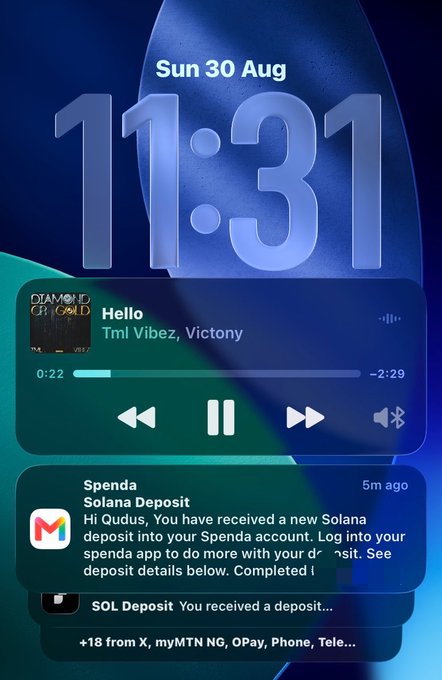 An iOS Lock Screen displaying the time 11:31 on Sunday, 30 Aug, showing a music player for the song 'Hello' by Tml Vibez featuring Victony, plus a Solana deposit notification from Spenda.