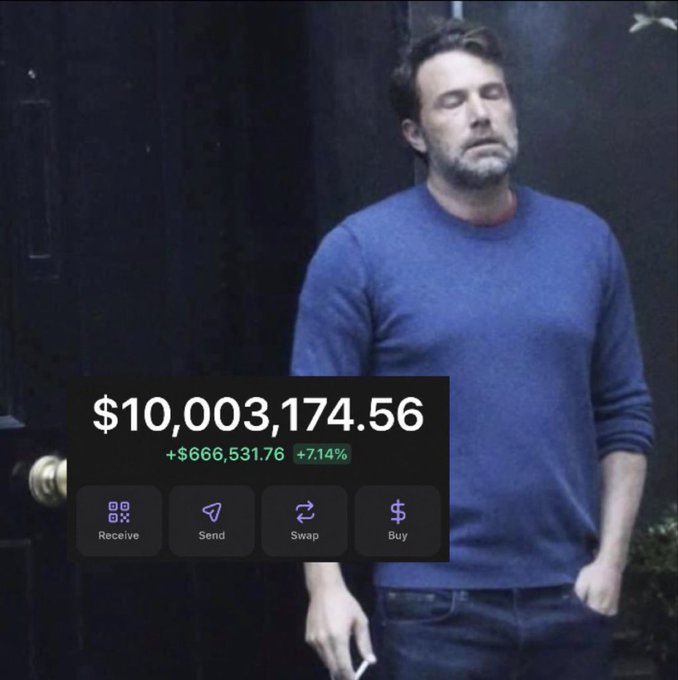 A weary-looking man in a blue sweater stands with his eyes closed against a dark background, overlaid with a crypto wallet showing $10,003,174.56 (+$666,531.76, +7.14%) with Receive, Send, Swap, and Buy options. The image humorously captures the post's "POV" of struggling to cash out a massive crypto fortune—evidenced by his exhausted, defeated expression despite being a multi-millionaire on paper.