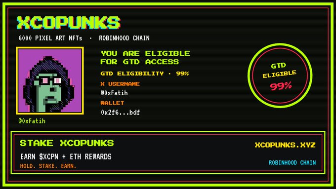 A promotional graphic for "XCOPUNKS" pixel art NFTs on the Robinhood Chain, showing 99% GTD eligibility for user @0xFatih with wallet 0x266...bdf, featuring a green pixel art character.