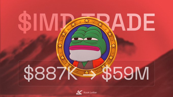 The image showcases a meme-style graphic promoting "$IMD TRADE" with a triumphant Pepe the Frog character inside a gold star-bordered frame, set against a red background. The bold text highlights an impressive trade performance, transforming $887K into $59M, with the "Kook Letter" branding at the bottom—visually celebrating the massive gains referenced in the post.