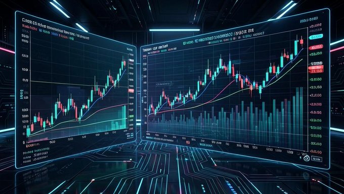 Multiple cryptocurrency trading screens displaying candlestick charts and an upward price trend on a sleek, neon-lit surface.