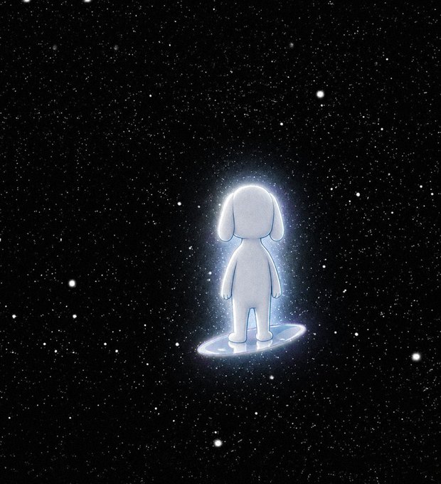 A serene illustration of a small, glowing white dog-like figure standing alone on a circular platform, surrounded by a vast starry black cosmos.