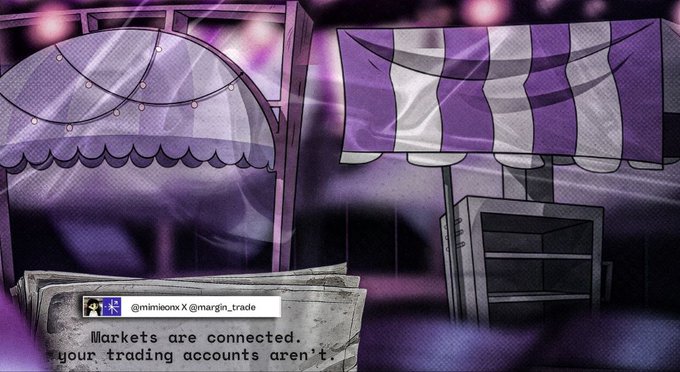An empty storefront with a purple-and-white striped awning and a newspaper displaying the headline "@mimloonx X @margin_trade: Markets are connected, your trading accounts aren't." A second tweet on the post reads "tuna market cap and tvl are fragmented across chains, so a chain running hot doesn't mean you can access it." The image visually represents an idle, disconnected shop—mirroring how traders face idle capital and stranded positions across fragmented venues, highlighting the thesis that inefficiency stems from poor routing rather than a lack of resources.