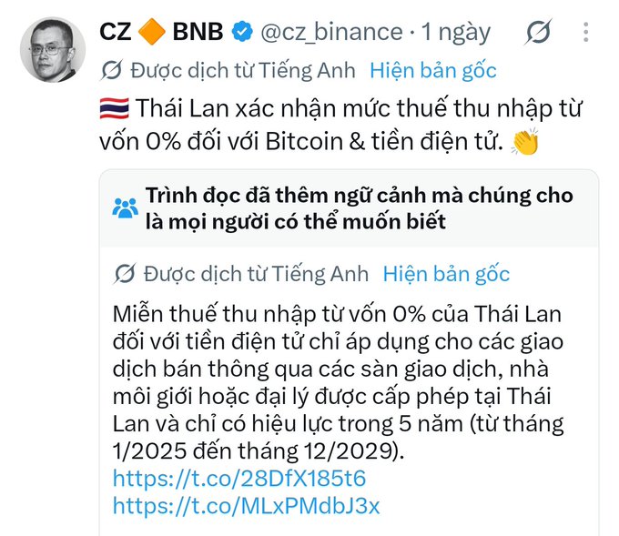 A screenshot of a Twitter/X post from CZ (Changpeng Zhao) of BNB (@cz_binance) sharing news that Thailand has confirmed a 0% capital gains tax on Bitcoin and cryptocurrencies for sales conducted through licensed exchanges, brokers, or dealers, effective from January 2025 to December 2029.