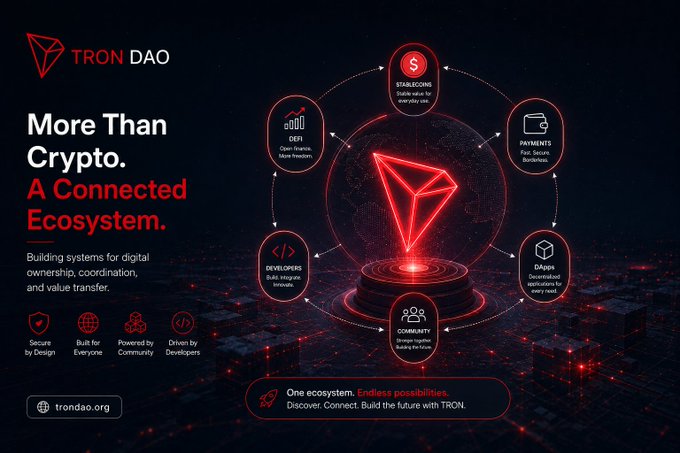 A promotional graphic for TRON DAO featuring the tagline 'More Than Crypto. A Connected Ecosystem.' and highlighting features like Stablecoins, DeFi, Payments, DAOs, Community, and Developers, with the website trondao.org.