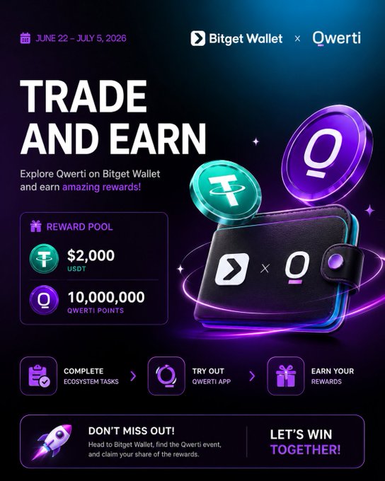 The image features an advertisement for a cryptocurrency trading platform called @QwertiAI. The poster displays a purple background with white text, promoting the platform's expansion into new ecosystems and encouraging users to explore and participate in these developments. The poster also highlights the partnership between Qwerti and Bitget Wallet, which is aimed at rewarding users who engage with the platform by offering points for exploring new ecosystems or participating in community campaigns.