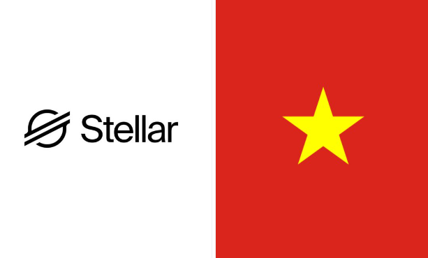 A split graphic showing the Stellar logo on a white background on the left and the Vietnam flag (red with a yellow star) on the right.