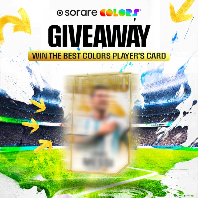 The image promotes a Sorare Colors giveaway featuring a blurred "GOLD GOAT" Lionel Messi card, with the text "WIN THE BEST COLORS PLAYER'S CARD," aligning with the post's offer of 2 Lionel Messi GOAT cards up for grabs via a Twitter entry contest.