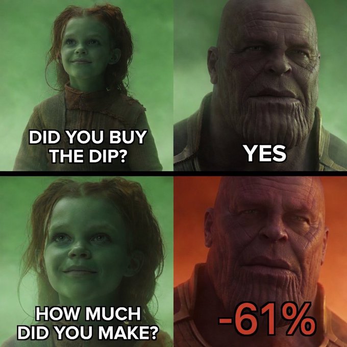 A four-panel meme featuring Young Gamora and Thanos, with text showing a conversation: "DID YOU BUY THE DIP?" "YES" "HOW MUCH DID YOU MAKE?" "-61%", humorously illustrating a poor memecoin investment despite buying during a dip.