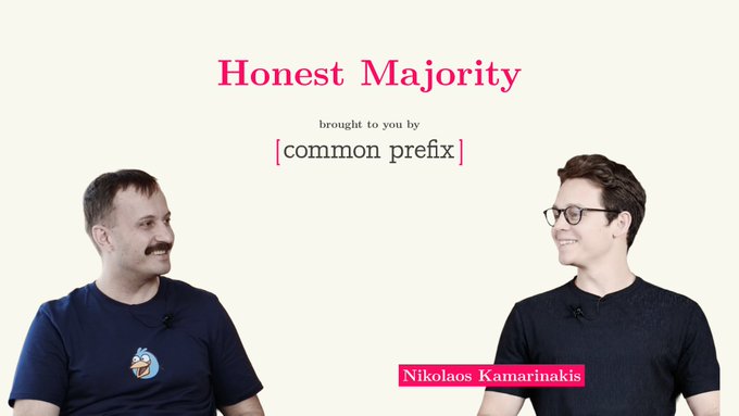 Promotional image for Episode 12 of "Honest Majority," brought to you by Common Prefix, featuring Dionysis Zindros and Nikolaos Kamarinakis smiling at each other in front of a light background. The pink-highlighted name "Nikolaos Kamarinakis" appears as a caption identifying one of the hosts discussing Axelar's new era as lead steward.