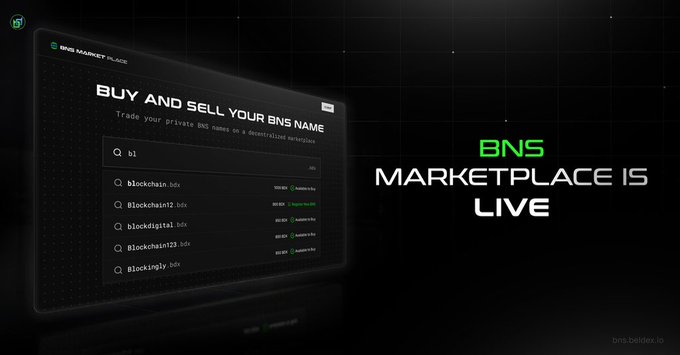 A promotional graphic announcing 'BNS MARKETPLACE IS LIVE' with a dark futuristic interface showing a search bar with 'bi' typed and listed names like blockchain.btx, blockchain12.btx, blockdigital.btx, blockchain123.btx, and blockingly.btx, branded with bns.beldex.io.