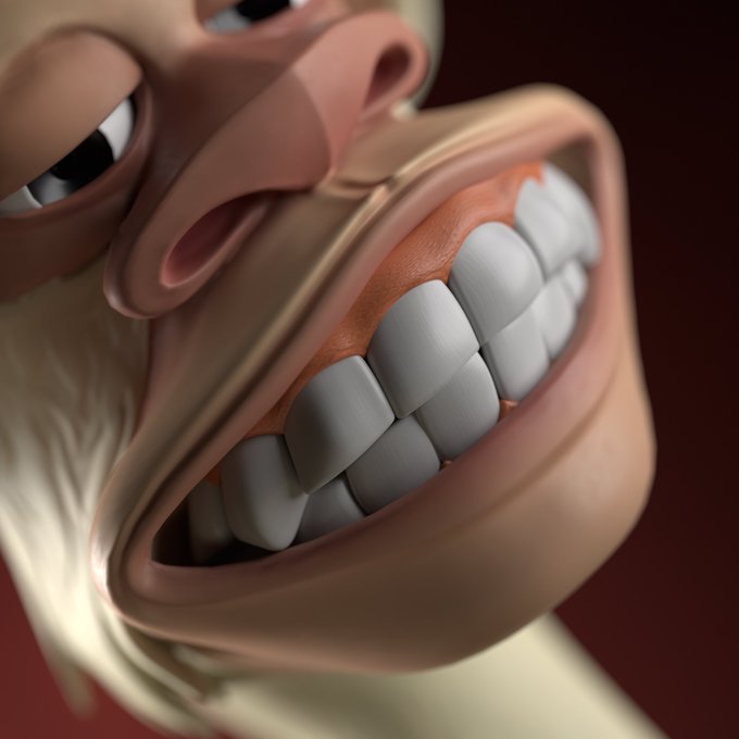A close-up 3D render of a Bored Ape Yacht Club character showing a wide, toothy grin with prominent white teeth against a dark background. The exaggerated smile plays on the "BAYC toothpaste" caption, humorously highlighting the ape's bright, pearly teeth as if promoting dental hygiene products.