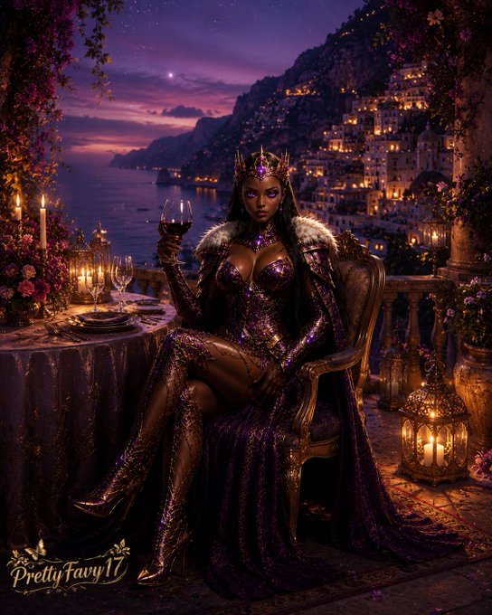 An AI-generated fantasy artwork of a regal dark-skinned woman in an elaborate purple and gold gown with a crown, holding a wine glass at a candlelit table overlooking a coastal Italian village at dusk, watermarked 'PrettyFairy17'.