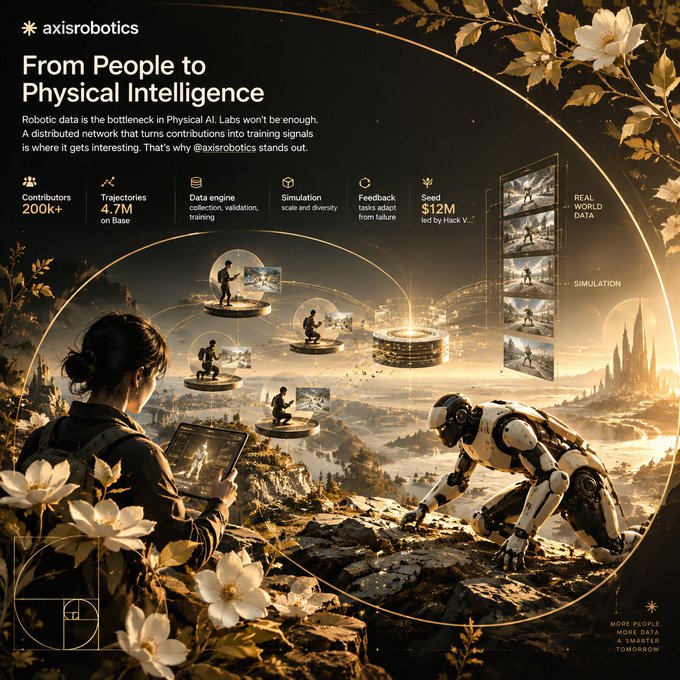 A promotional graphic for 'axisrobotics' titled 'From People to Physical Intelligence' describes their distributed robotic data network, highlighting 200k+ contributors, 4.7M trajectories on Base, a $12M seed round led by Hack VC, and showing a person with a tablet alongside a humanoid robot.