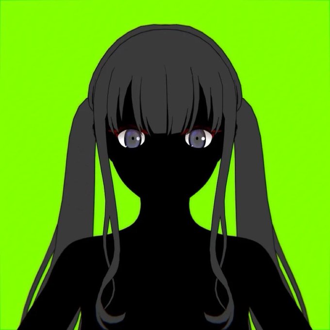 A digital illustration of an anime-style girl with long black hair and purple eyes, silhouetted in black against a bright green background.