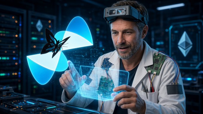 A man wearing a futuristic headset and lab coat examines a holographic butterfly while holding a glowing transparent tablet displaying circuit board imagery. The image visually echoes the post's theme of exploring "Quantum Echoes" through the lens of advanced technology, with the holographic display symbolizing the digital NFT minting process mentioned in the text, though no specific tickers, names, or numbers are visible in the image itself.