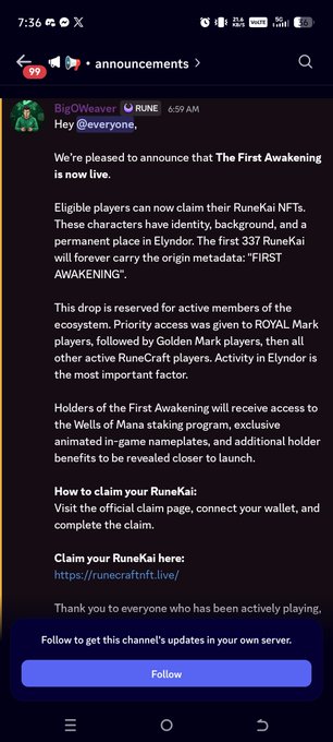 A Discord announcement from Big0weaver in #announcements announces 'The First Awakening' is now live, inviting eligible players to claim their RuneKai NFTs via runecraftnft.live.
