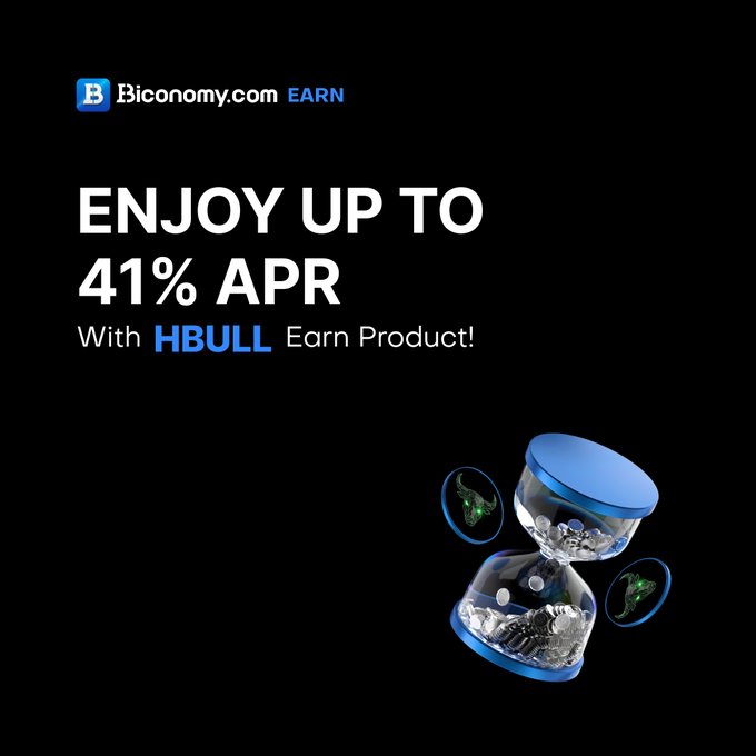 An advertisement on a black background from Biconomy.com promoting 'ENJOY UP TO 41% APR With HBULL Earn Product!', featuring an hourglass filled with coins and small circular images.