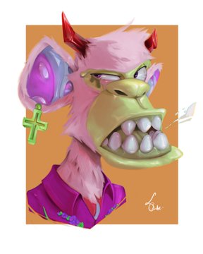 A pink-furred Mutant Ape Yacht Club (MAYC) NFT character with purple sunglasses hanging off its ear, a gold toothy grin, and a green cross earring appears alongside another similar ape in the image, which is captioned as showing "2 of the latest MAYCs."