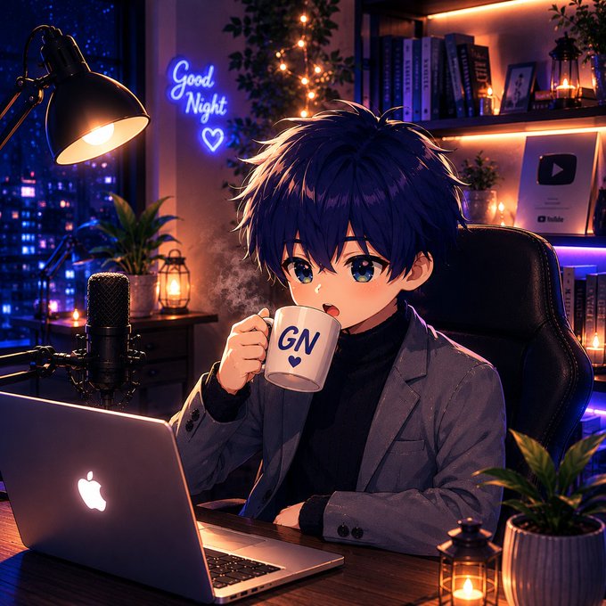An anime-style illustration of a blue-haired character drinking from a 'GN' mug at a desk with a laptop, microphone, and a 'Good Night' neon sign in the background.