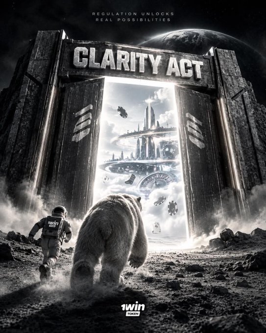 A dramatic black-and-white promotional poster titled "CLARITY ACT" with the tagline "REGULATION UNLOCKS REAL POSSIBILITIES." It depicts an astronaut and a bear walking toward a glowing portal revealing a futuristic city, branded with "1win TOKEN."