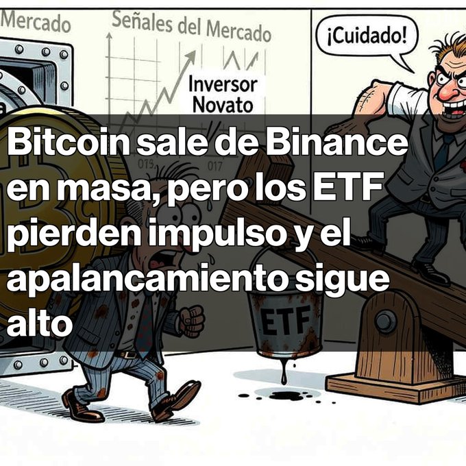 A Spanish-language financial cartoon with text 'Bitcoin sale de Binance en masa, pero los ETF pierden impulso y el apalancamiento sigue alto,' depicting characters, market charts labeled 'Señales del Mercado' and 'Inversor Novato', and a bucket labeled 'ETF'.