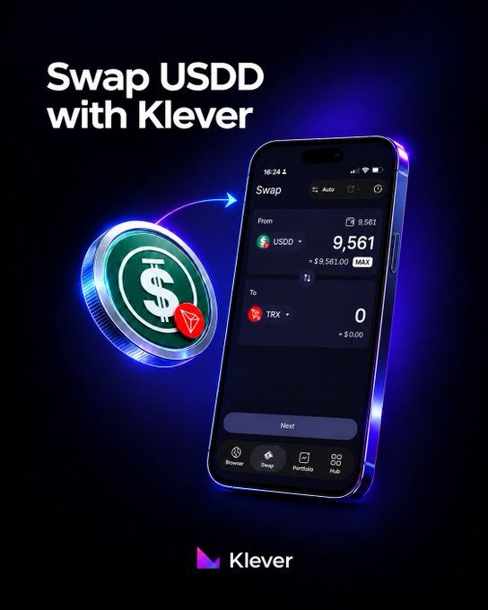 A promotional graphic for the Klever crypto wallet showing a smartphone displaying a token swap interface, converting 9,561 USDD to TRX with text reading 'Swap USDD with Klever'.