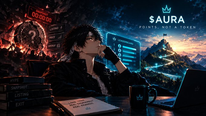 An anime-style promotional graphic for '$AURA POINTS, NOT A TOKEN' featuring a character looking at a leaderboard, with elements like 'SNAPSHOT', 'LISTING', 'PRICE', 'AIRDROP', 'HYPE', and 'EXIT' visible.