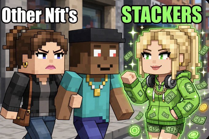 A Minecraft-style illustration comparing 'Other Nft's' characters looking unimpressed next to a 'STACKERS' character dressed in green and surrounded by money.